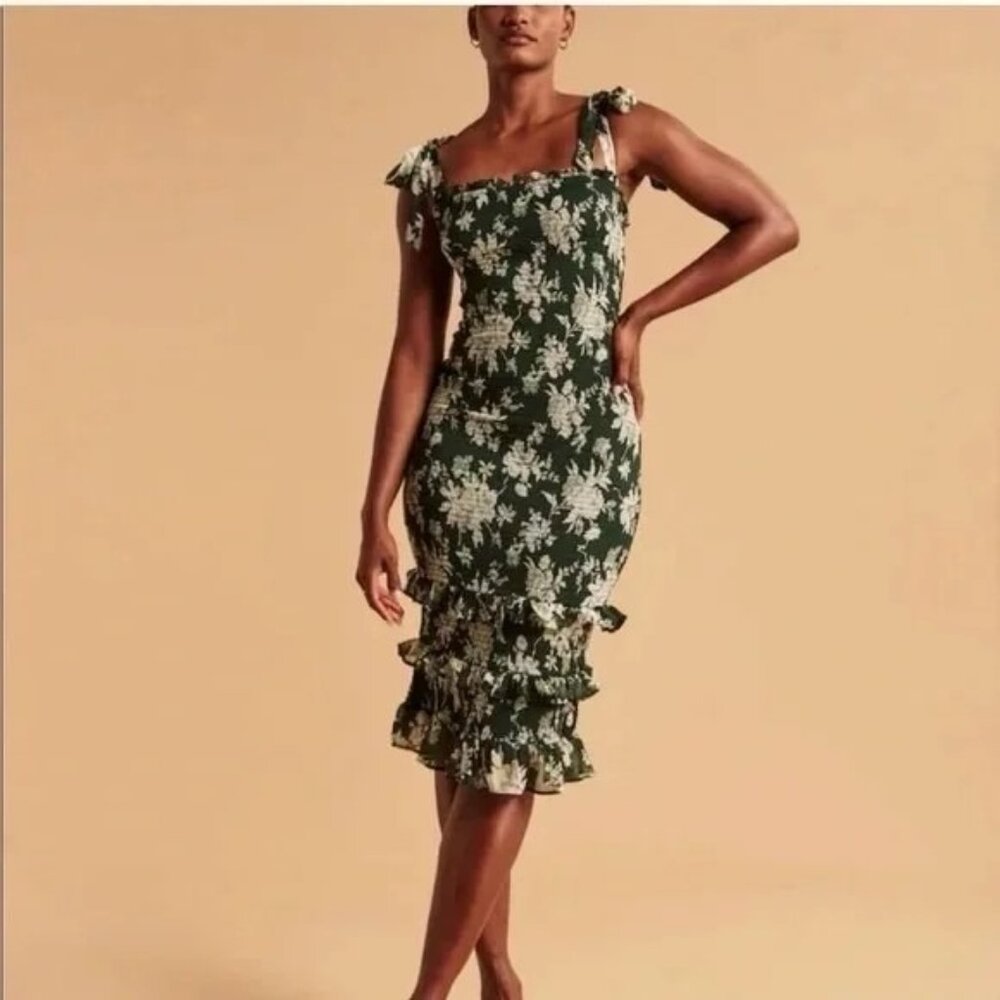 Abercrombie & Fitch Tie-Strap Smocked Midi Dress - Size Small Green Pattern